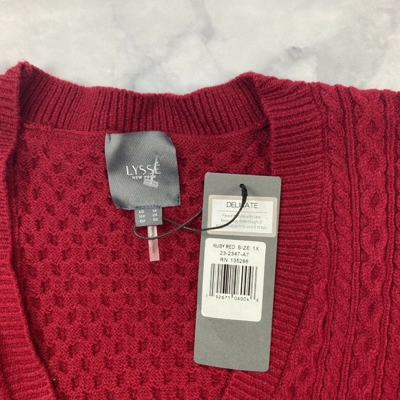 Lysse Lily Color Block Sweater XL 1X 2X V Neck Pullover Ruby Red Cable Knit - Picture 3 of 5